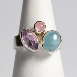 Silberring mit Aquamarin, Amethyst, Rubellit