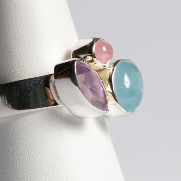Silberring mit Aquamarin, Amethyst, Rubellit